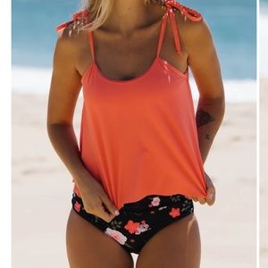 Coral/Black floral tankini